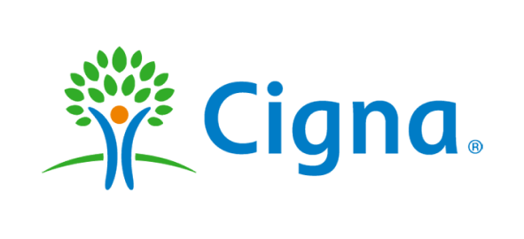 Cigna insurance logo featuring stylized tree and person figure in blue and green colors.