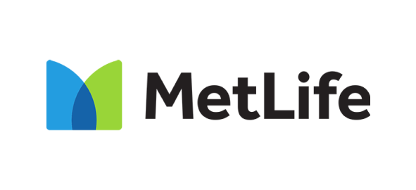 MetLife logo featuring blue and green curved shapes with company name in black text.