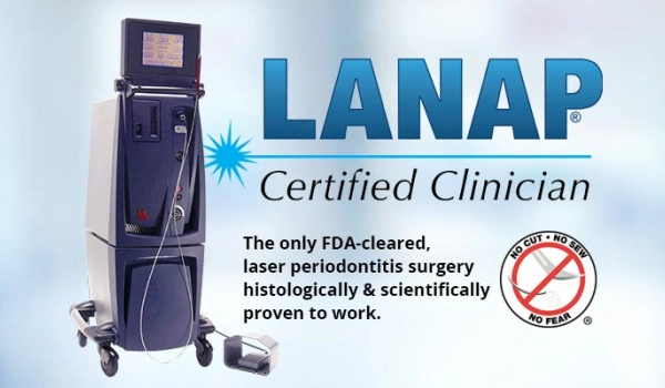 LANAP laser periodontal surgery device with certification badge and clinical claims text.