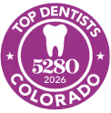 Top Dentists Colorado 5280 2026 award badge in purple and white.